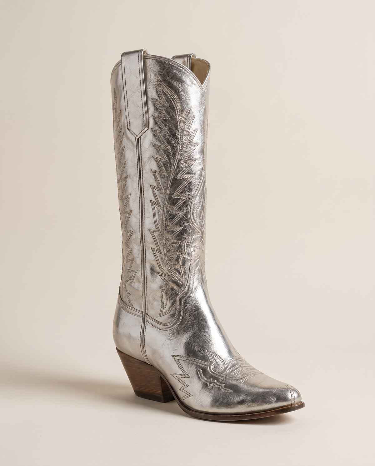 Silver Metallic Cowboy Boots, Mid-Calf — single boot, three-quarter view