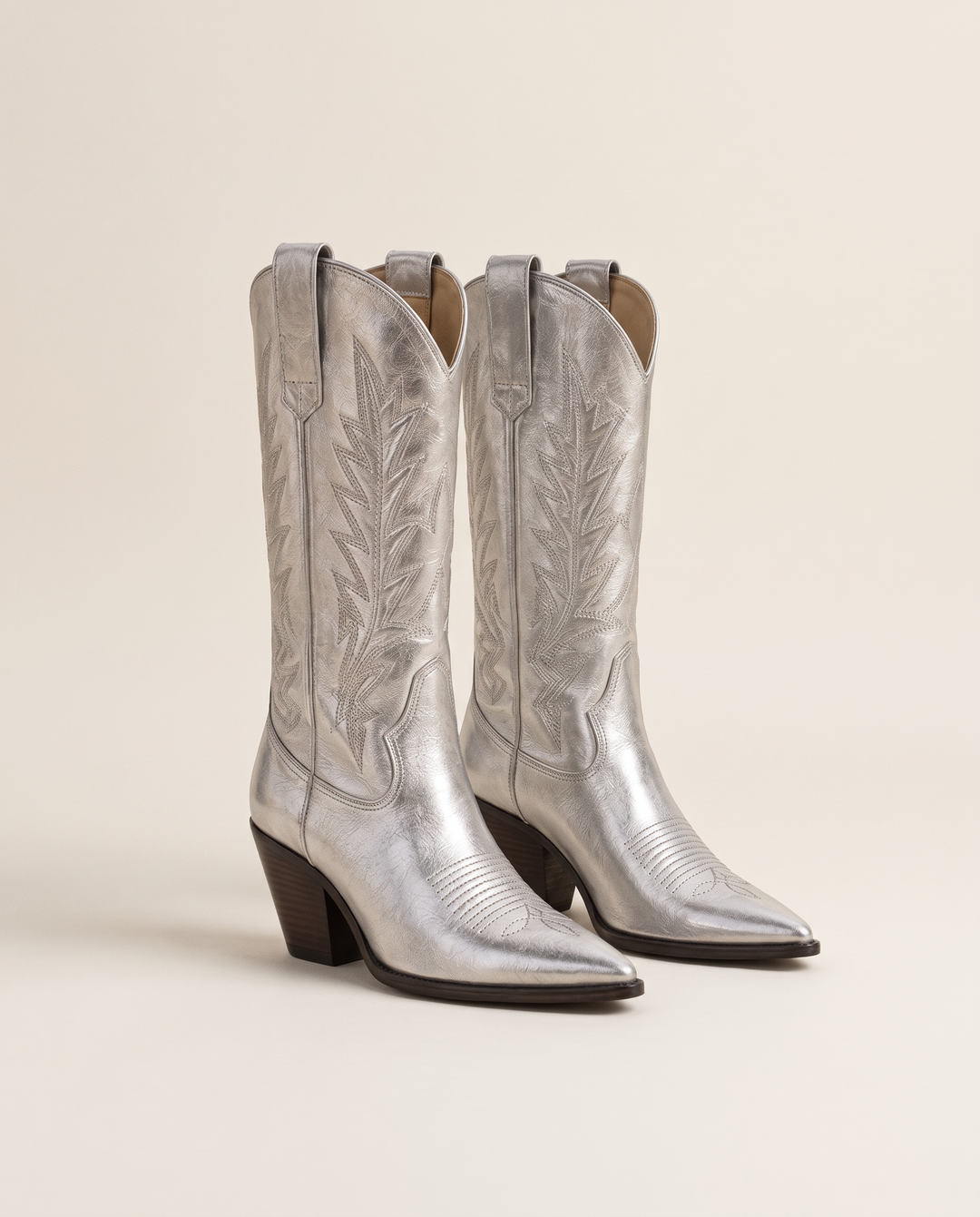Silver Metallic Cowboy Boots, Mid-Calf — pair, studio
