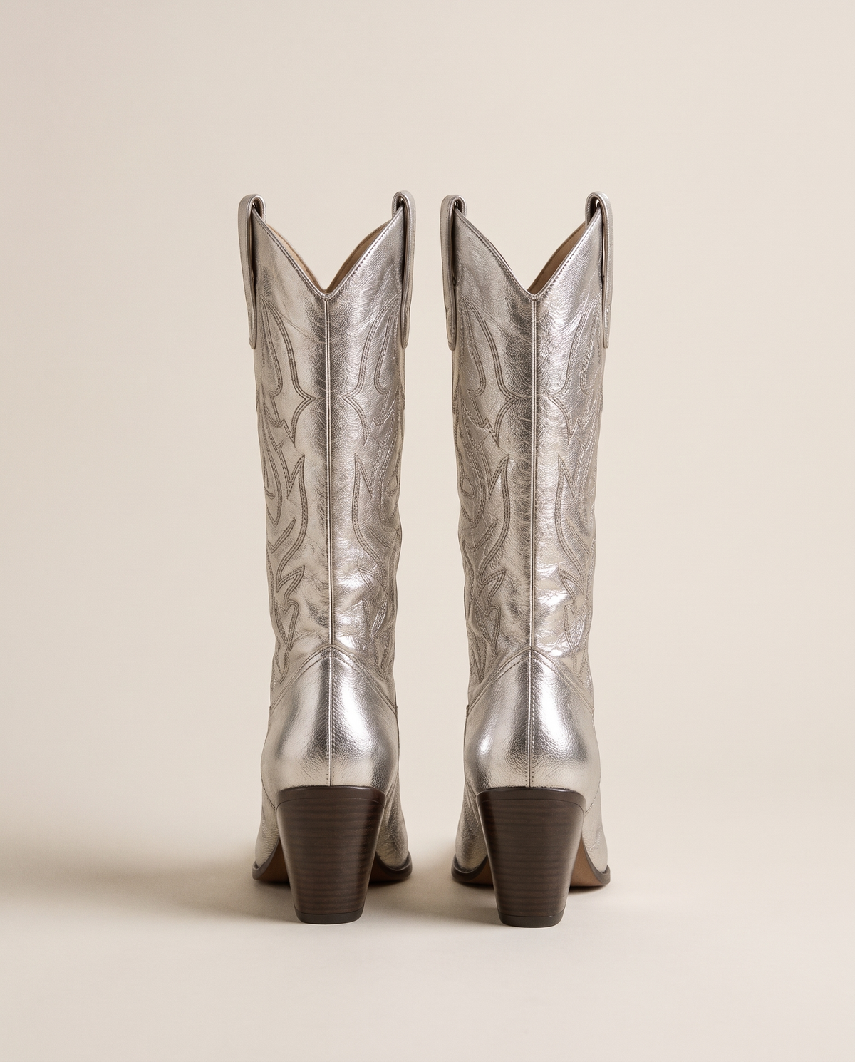 Silver Metallic Cowboy Boots, Mid-Calf — back view, heels
