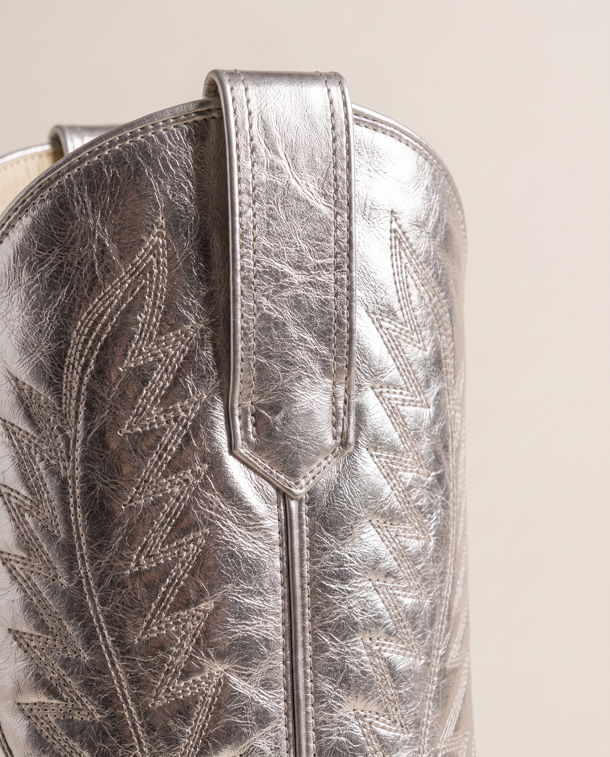 Silver Metallic Cowboy Boots, Mid-Calf — stitching detail