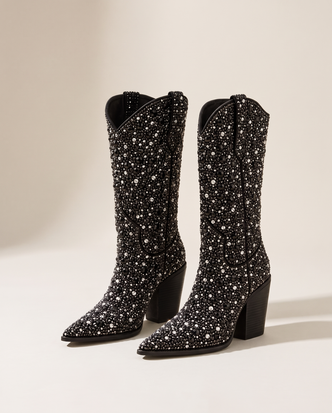 Rhinestone Cowboy Boots Mid-Calf in Black — pair, studio
