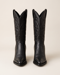 Genuine Leather Cowboy Boots with Embroidery — black, pair, studio