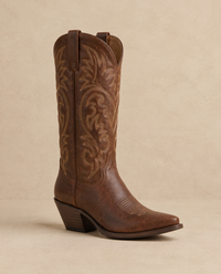 Genuine Leather Cowboy Boots with Embroidery — single boot, three-quarter view