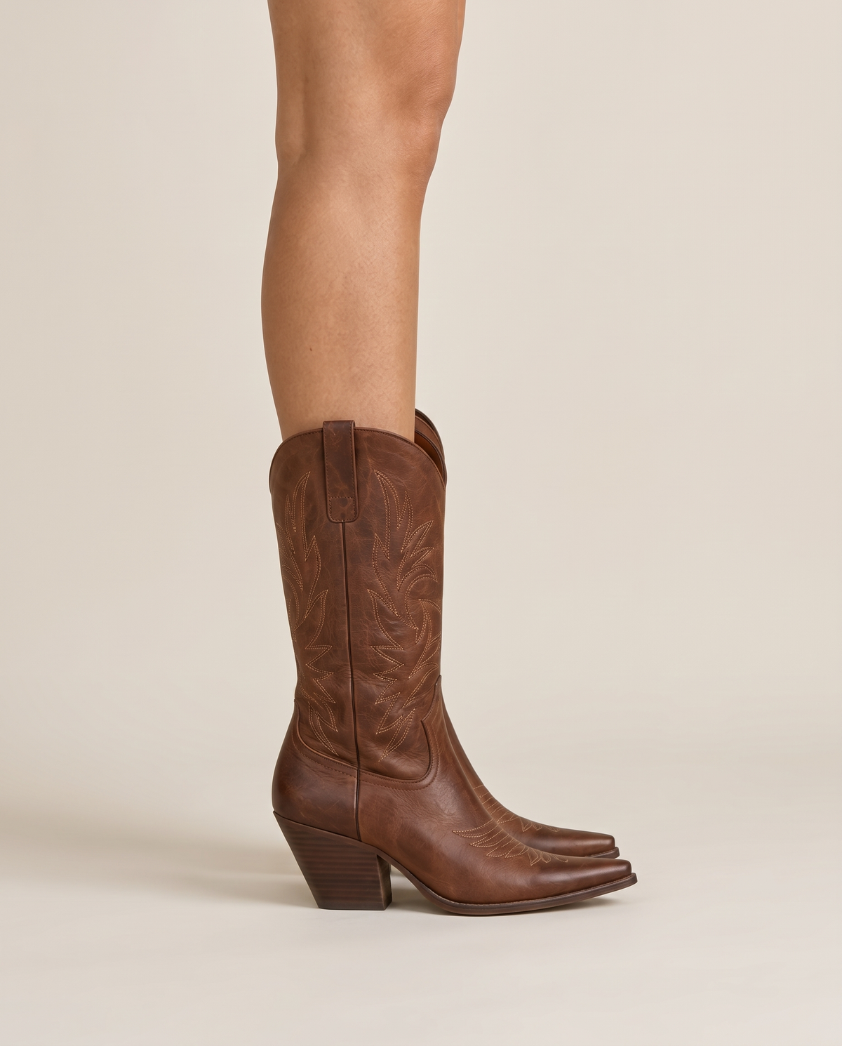 Brown Cowboy Boots for Women, Mid-Calf Western Style — worn, side profile