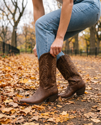 Genuine Leather Cowboy Boots with Embroidery — worn with jeans in Central Park