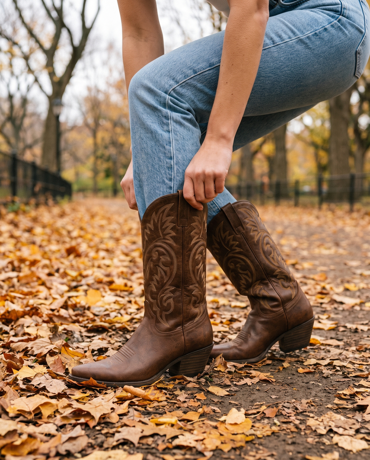 Genuine Leather Cowboy Boots with Embroidery — worn with jeans in Central Park