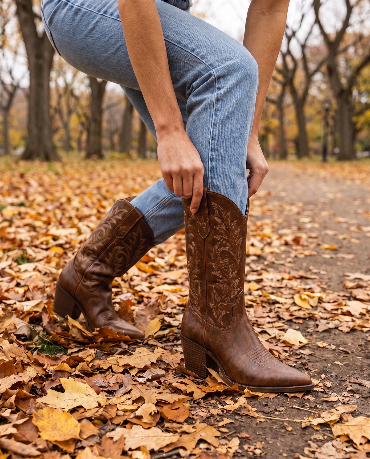Brown Cowboy Boots for Women, Mid-Calf Western Style — worn with jeans in Central Park