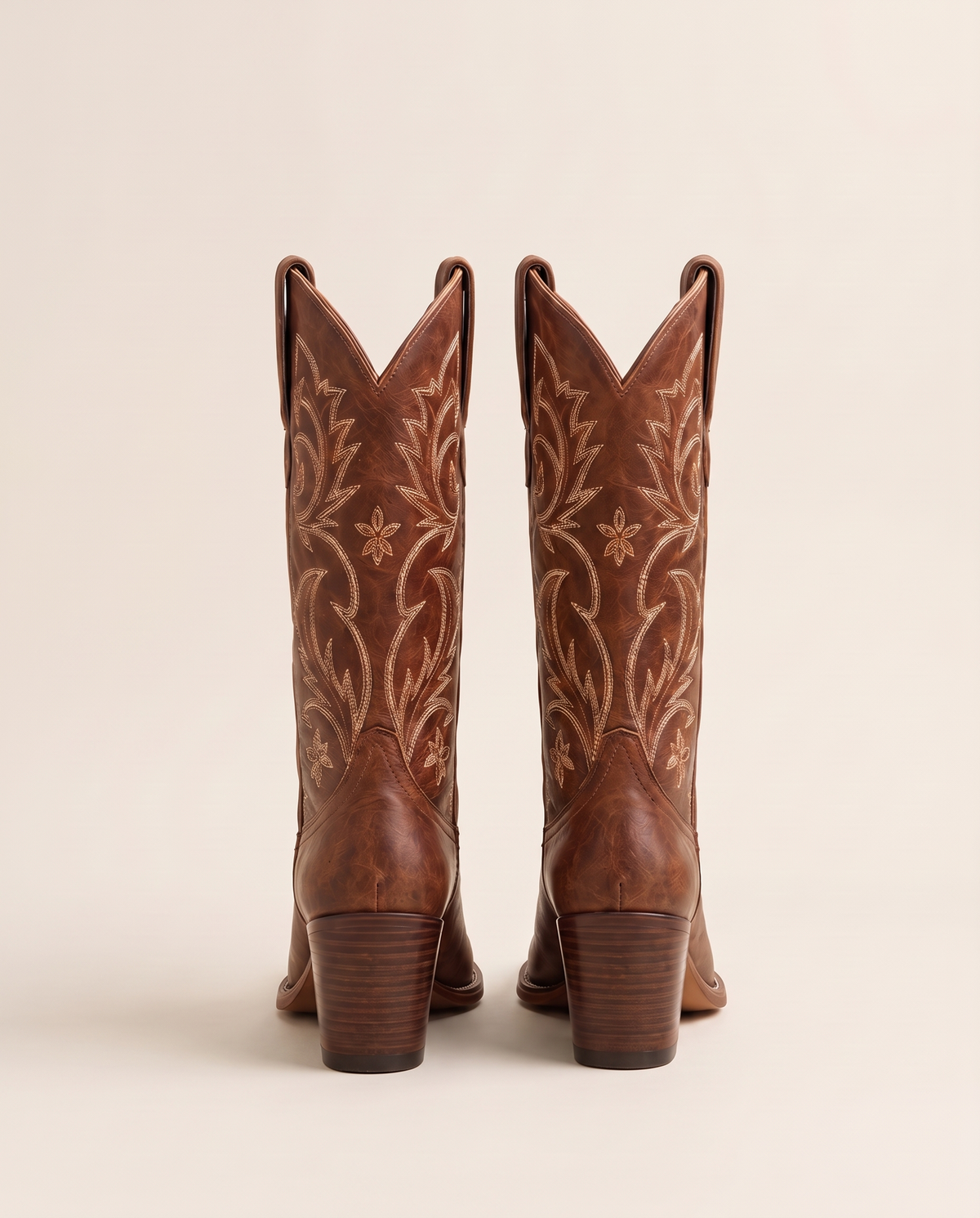 Brown Cowboy Boots for Women, Mid-Calf Western Style — back view, heels