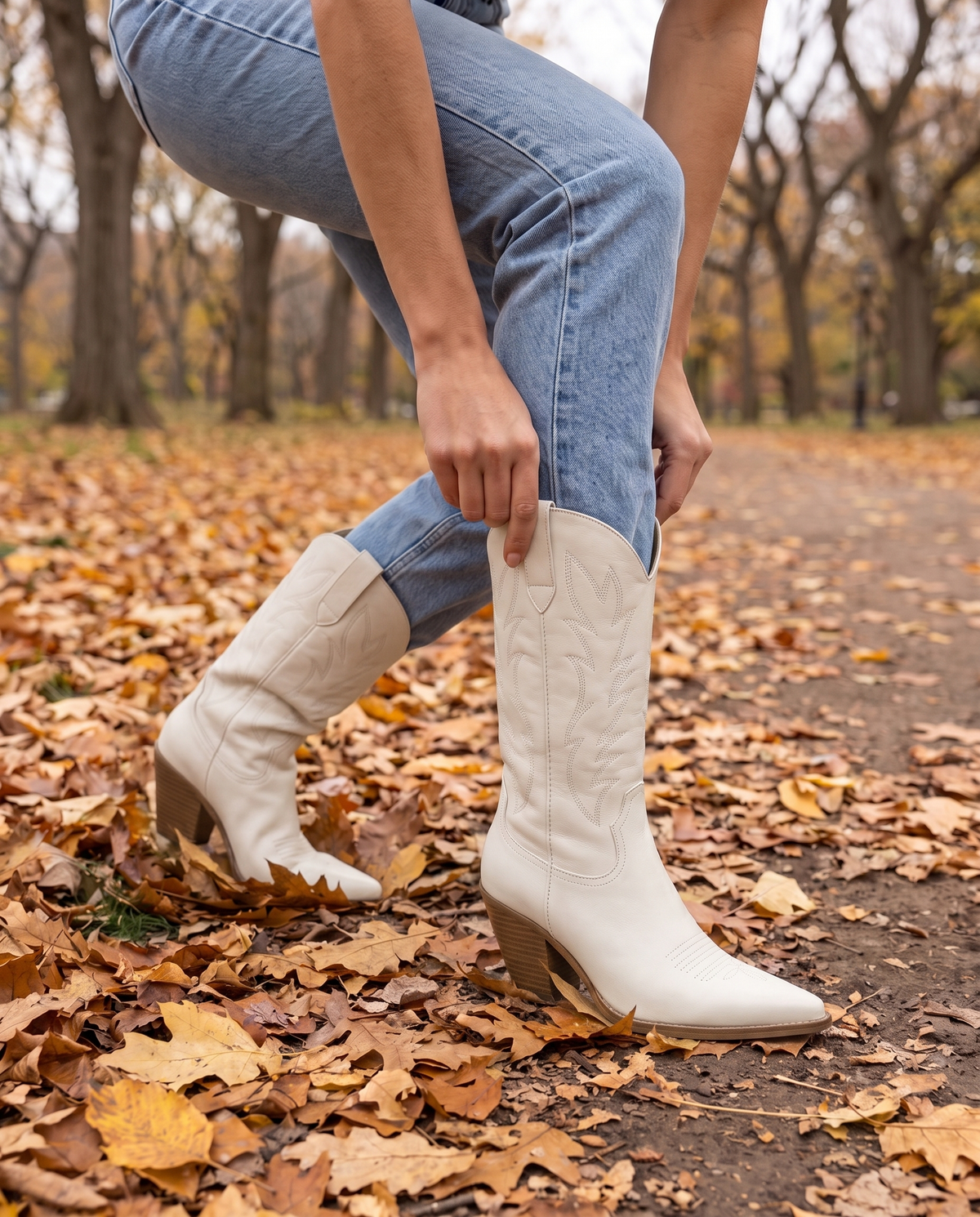 Western Boots with Cushioned Footbed and Breathable Lining — worn with jeans in Central Park