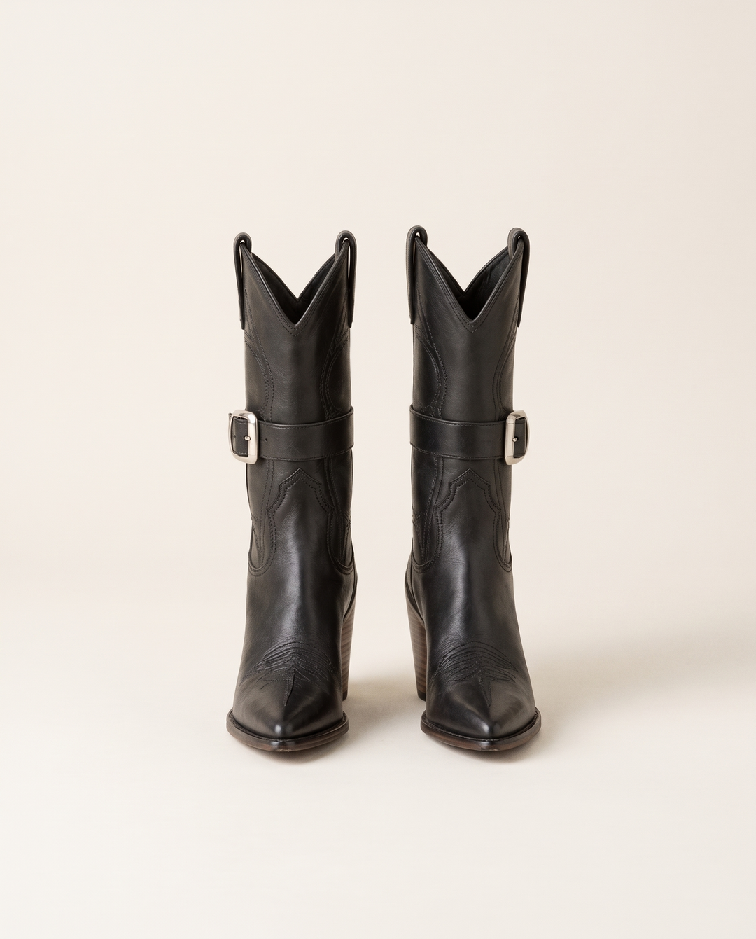 Leather Cowboy Boots with Buckle Detail — pair, studio
