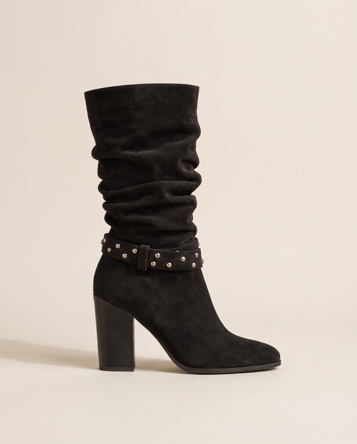 Slouchy Suede Mid-Calf Boots with Stud Strap — single boot, side view