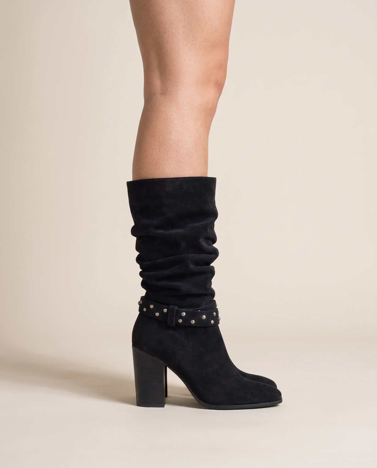 Slouchy Suede Mid-Calf Boots with Stud Strap — worn, side profile