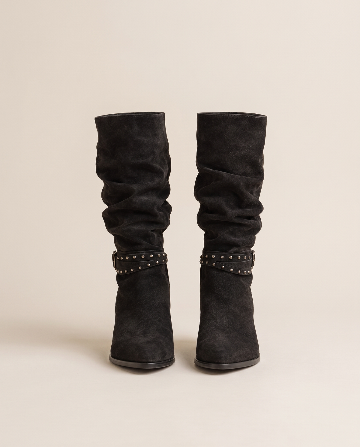 Slouchy Suede Mid-Calf Boots with Stud Strap — pair, studio