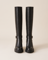 Knee-High Boots with Buckle Strap and Lug Sole — pair, studio