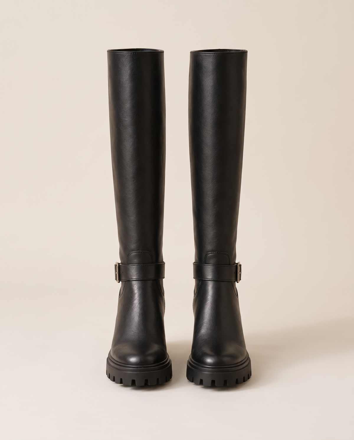 Knee-High Boots with Buckle Strap and Lug Sole — pair, studio