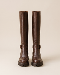Knee-High Boots with Buckle Strap and Lug Sole — brown, pair, studio