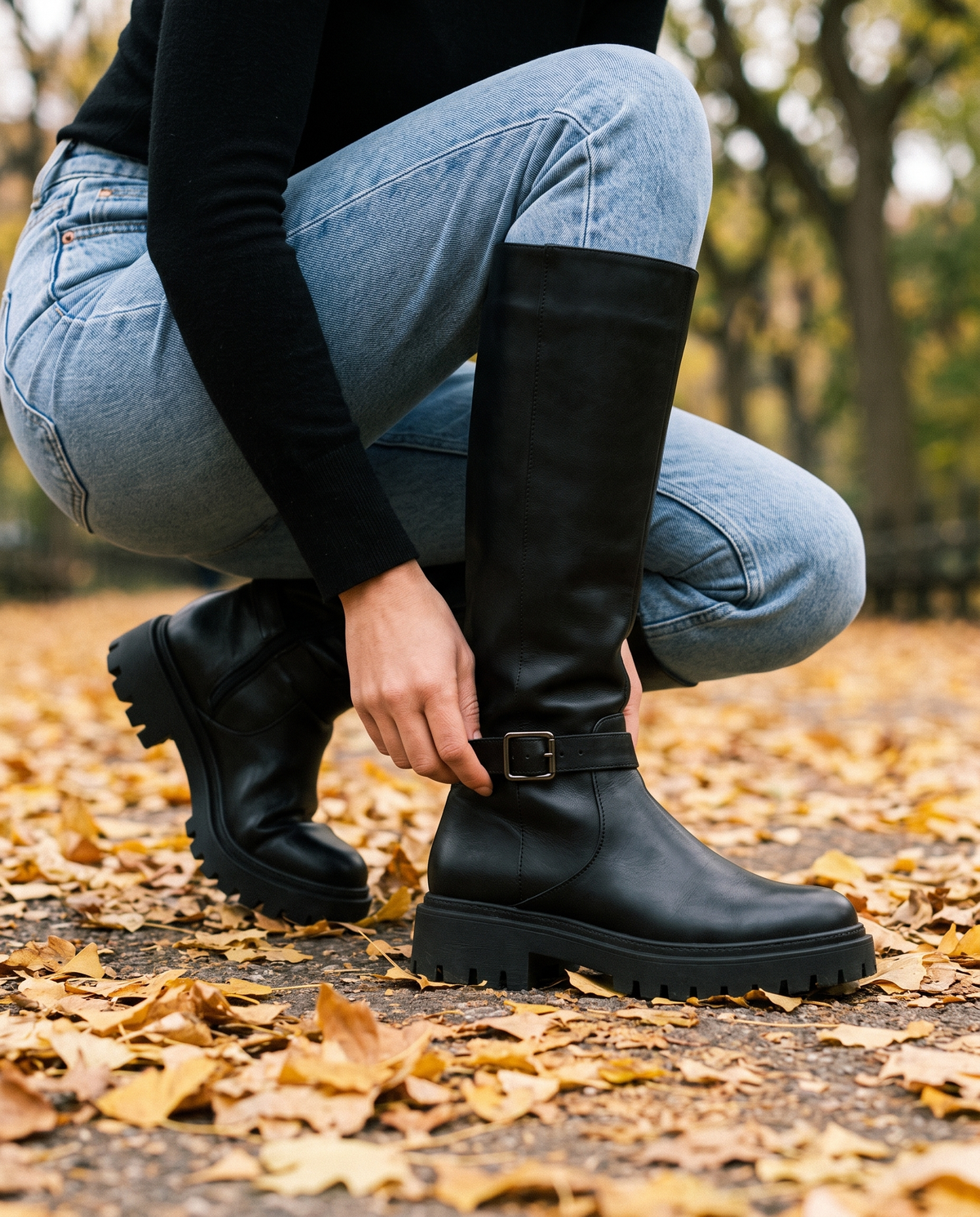 Knee-High Boots with Buckle Strap and Lug Sole — worn with jeans in Central Park