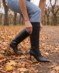 Pointed Toe Knee-High Boots with Wide Opening — worn with jeans in Central Park