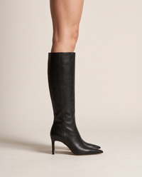 Pointed Toe Knee-High Boots with Wide Opening — worn, side profile