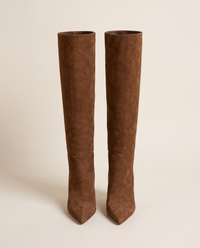 Pointed Toe Knee-High Boots with Wide Opening — brown suede, pair, studio