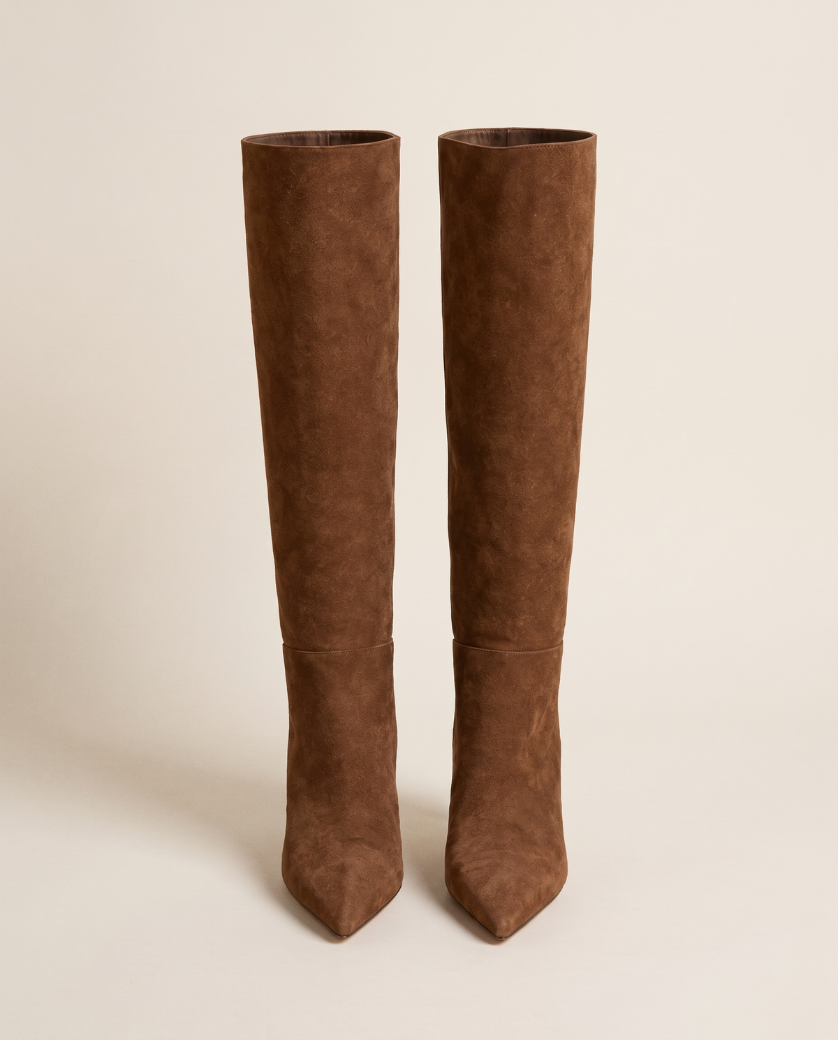 Pointed Toe Knee-High Boots with Wide Opening — brown suede, pair, studio