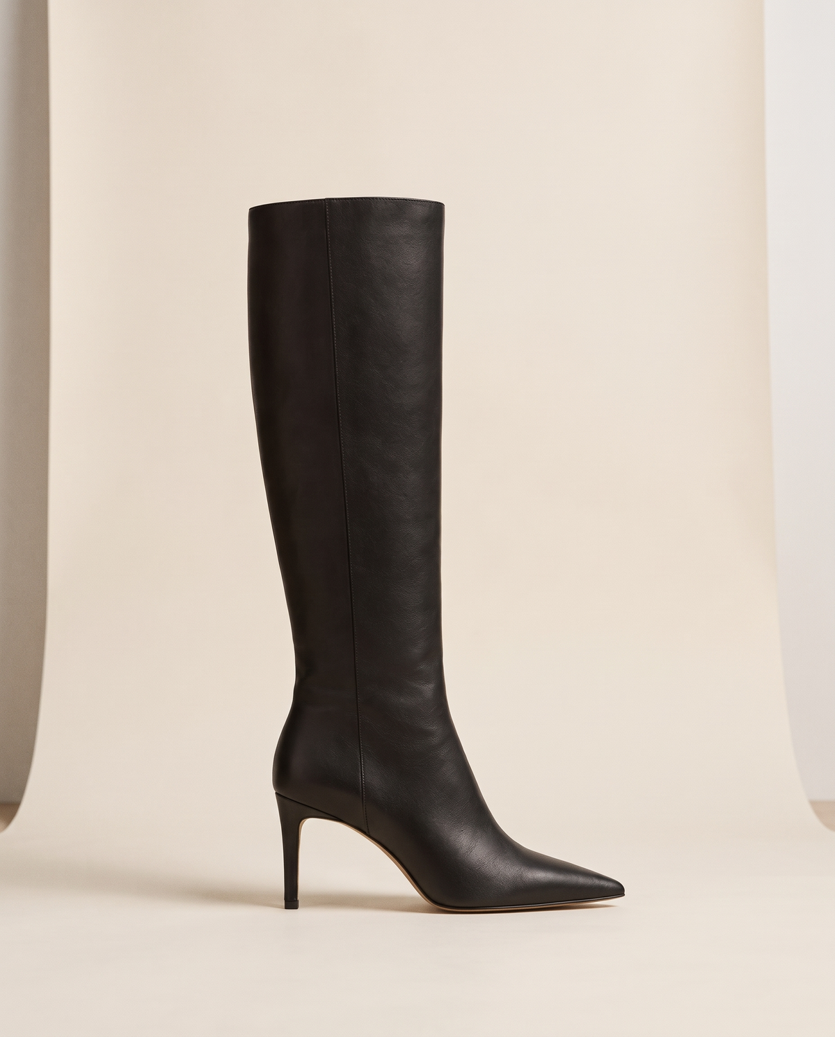 Pointed Toe Knee-High Boots with Wide Opening — single boot, side view