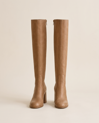 Round Toe Knee-High Boots with Block Heel — camel, pair, studio
