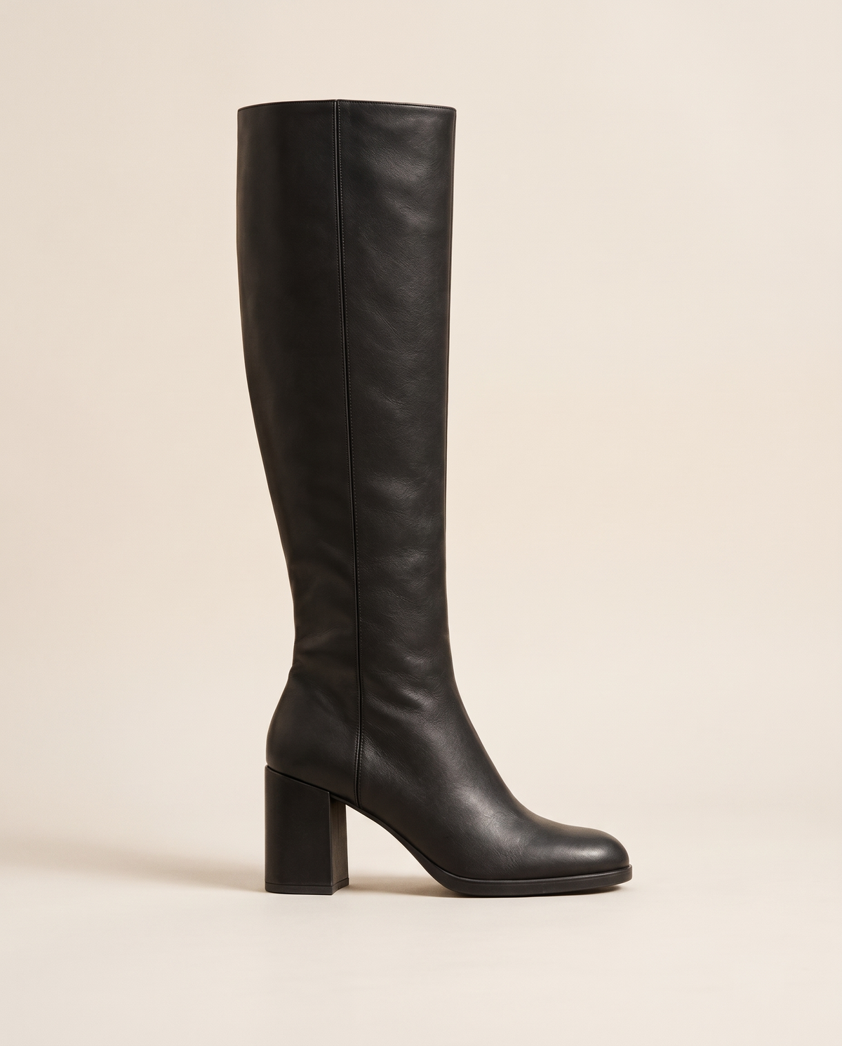 Round Toe Knee-High Boots with Block Heel — single boot, side view