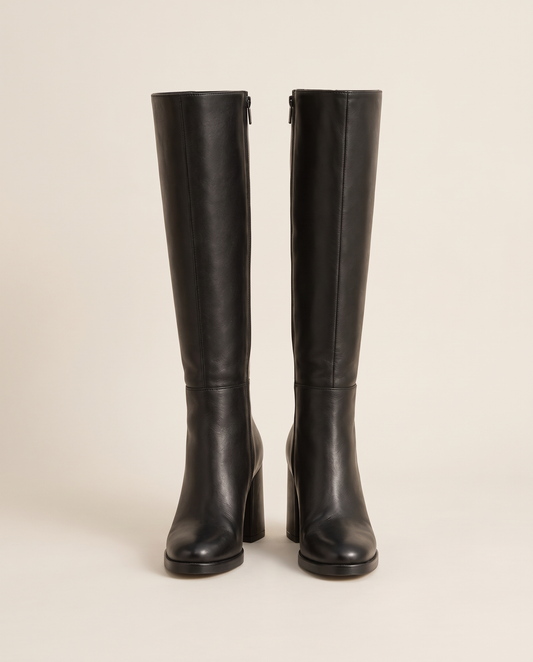 Round Toe Knee-High Boots with Block Heel — pair, studio