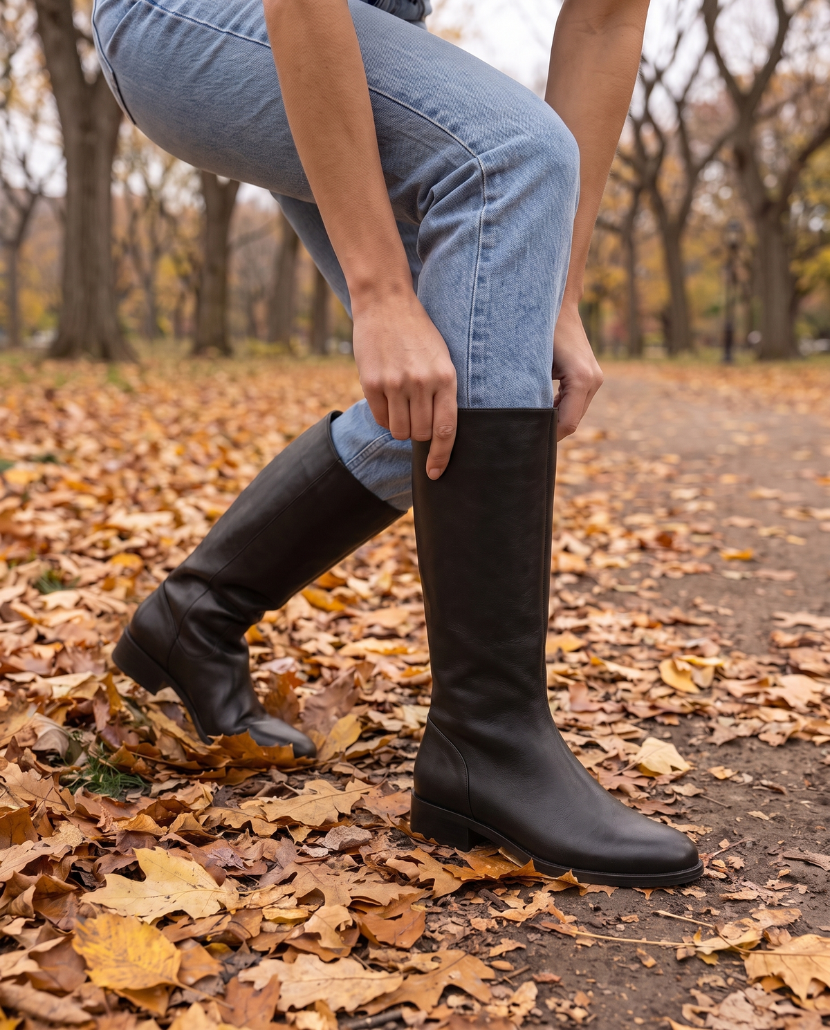 Pull-On Knee-High Boots with Cushioned Footbed — worn with jeans in Central Park