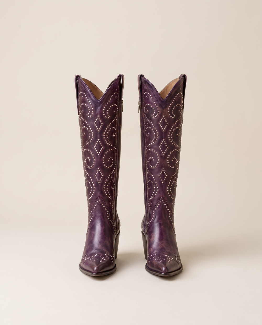 Studded Knee-High Western Boots with Pointed Toe — pair, studio