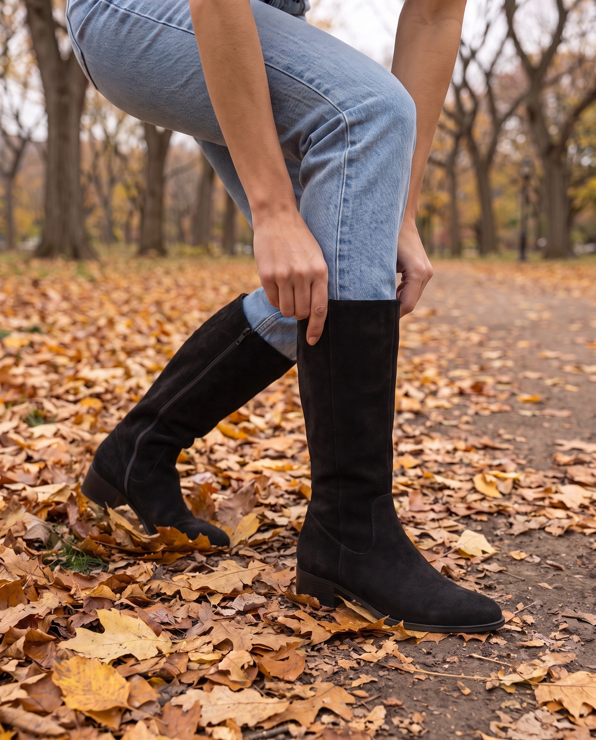 Knee-High Boots with Cushioned Footbed and Side Zipper — worn with jeans in Central Park