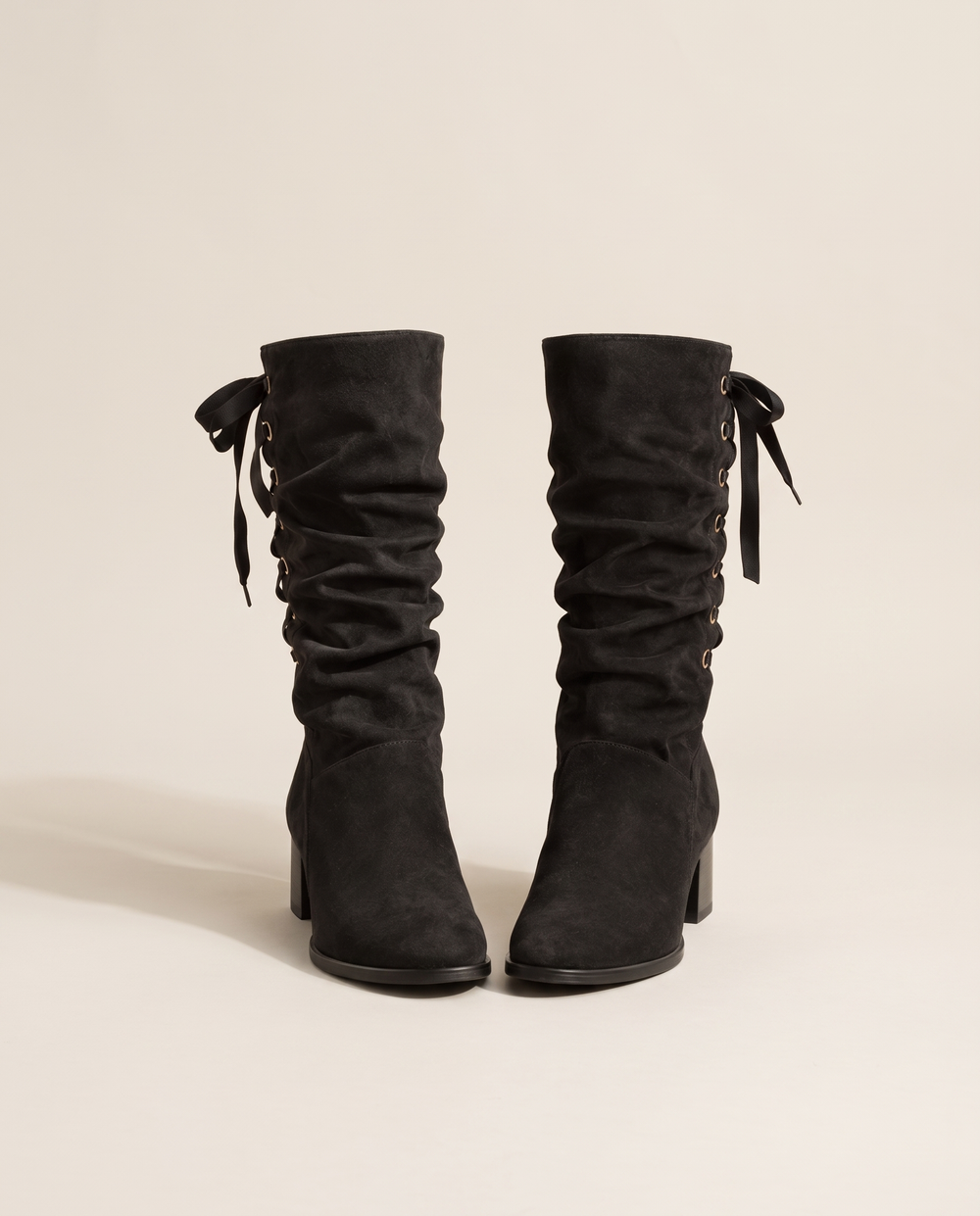 Slouchy Mid-Calf Boots with Ribbon Lace-Up Back — pair, studio