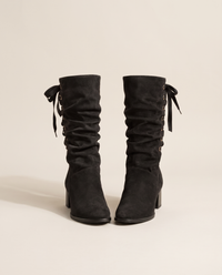 Slouchy Mid-Calf Boots with Ribbon Lace-Up Back — pair, studio