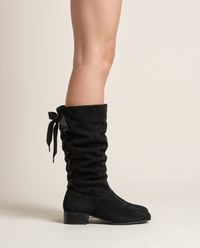 Slouchy Mid-Calf Boots with Ribbon Lace-Up Back — worn, side profile
