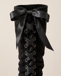 Slouchy Mid-Calf Boots with Ribbon Lace-Up Back — ribbon lace-up detail