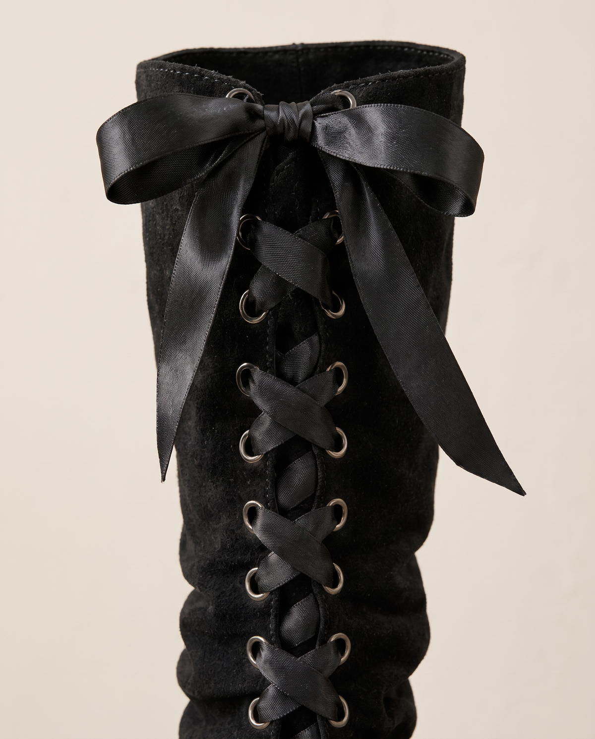 Slouchy Mid-Calf Boots with Ribbon Lace-Up Back — ribbon lace-up detail
