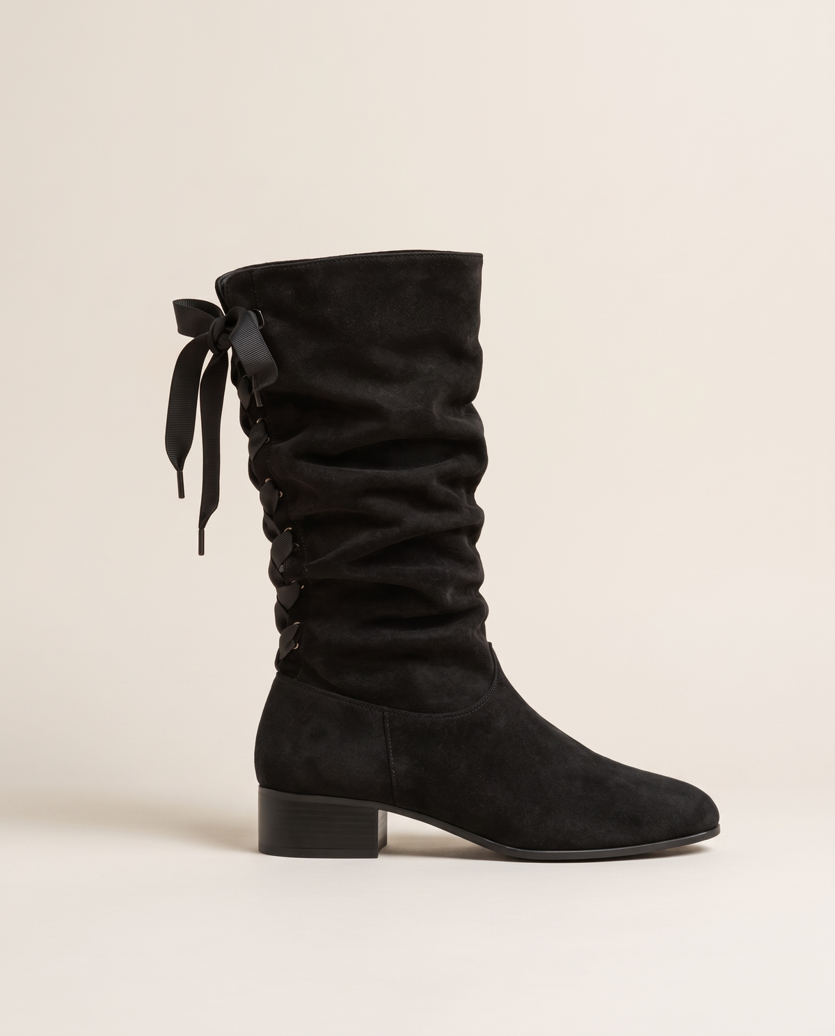 Slouchy Mid-Calf Boots with Ribbon Lace-Up Back — single boot, side view