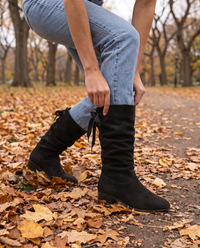 Slouchy Mid-Calf Boots with Ribbon Lace-Up Back — worn with jeans in Central Park