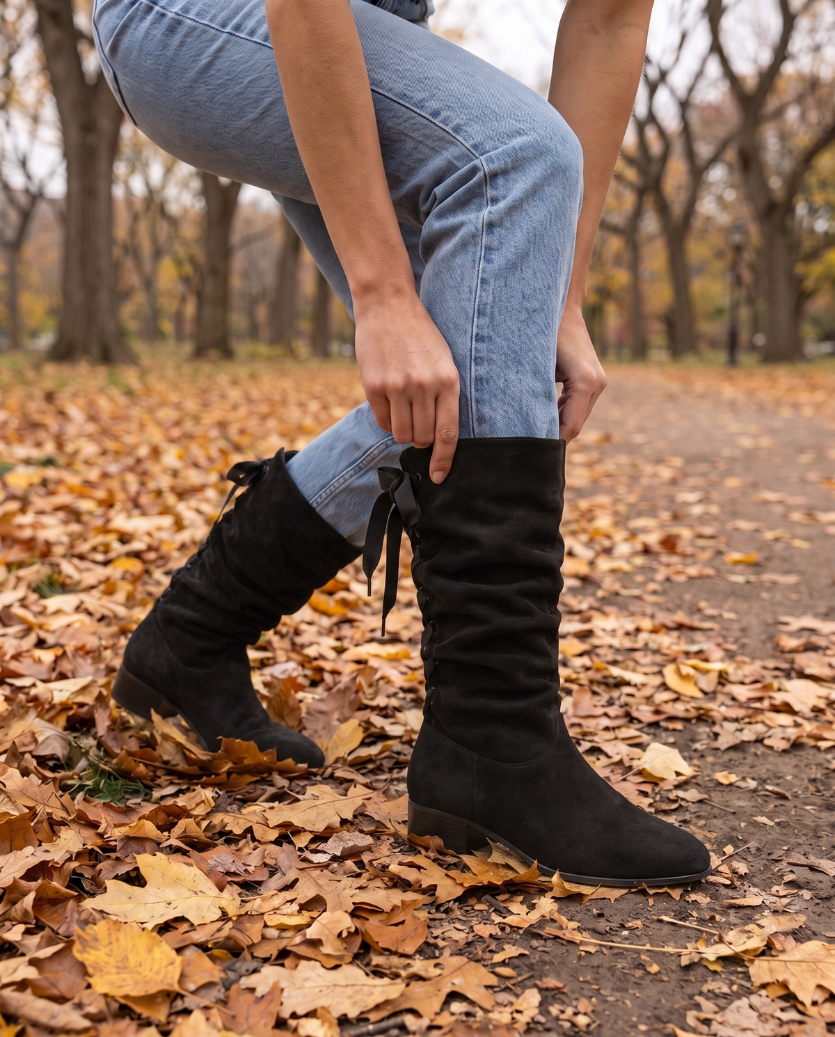 Slouchy Mid-Calf Boots with Ribbon Lace-Up Back — worn with jeans in Central Park