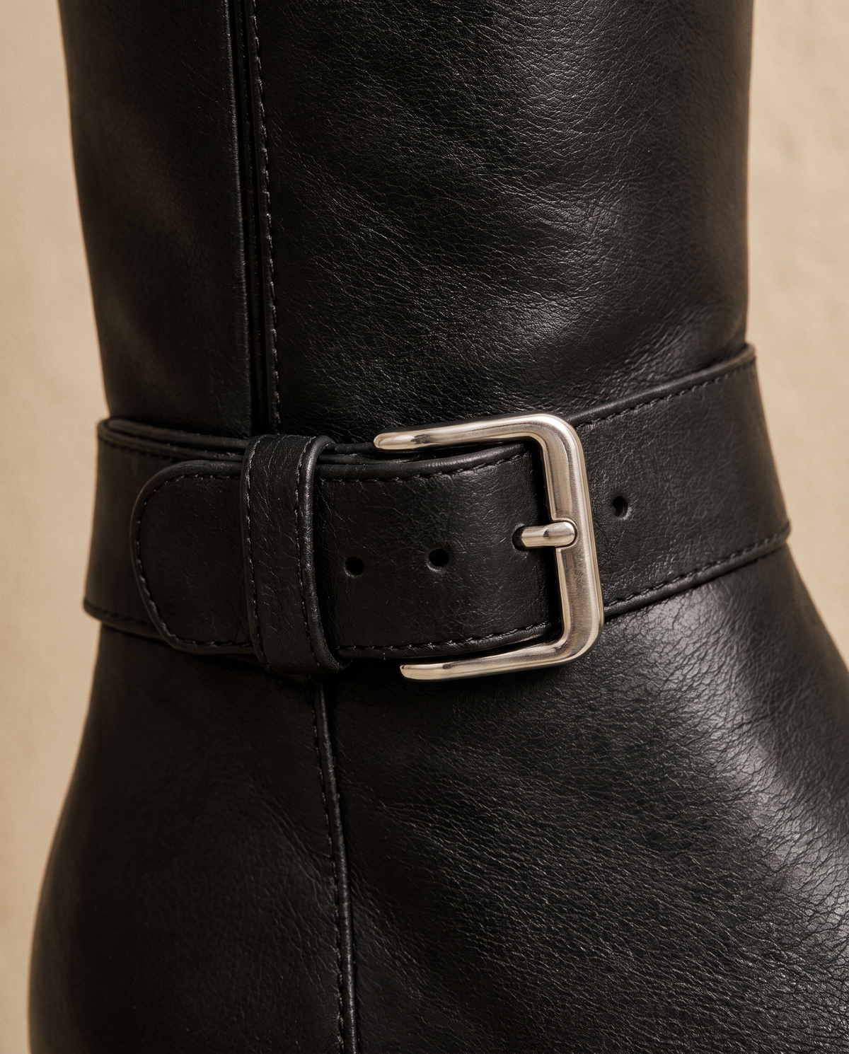 Knee-High Riding Boots with Buckle Straps and Low Block Heel — buckle strap detail