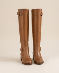 Knee-High Riding Boots with Buckle Straps and Low Block Heel — brown, pair, studio