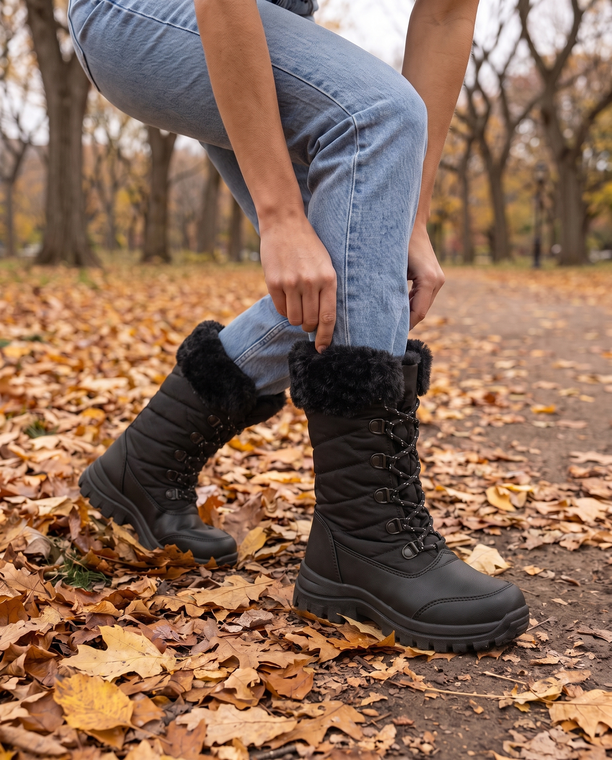 Women's Snow Boots with Plush Lining and Non-Slip Sole — worn with jeans in Central Park