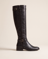 Knee-High Riding Boots with Buckle Straps and Low Block Heel — single boot, side view