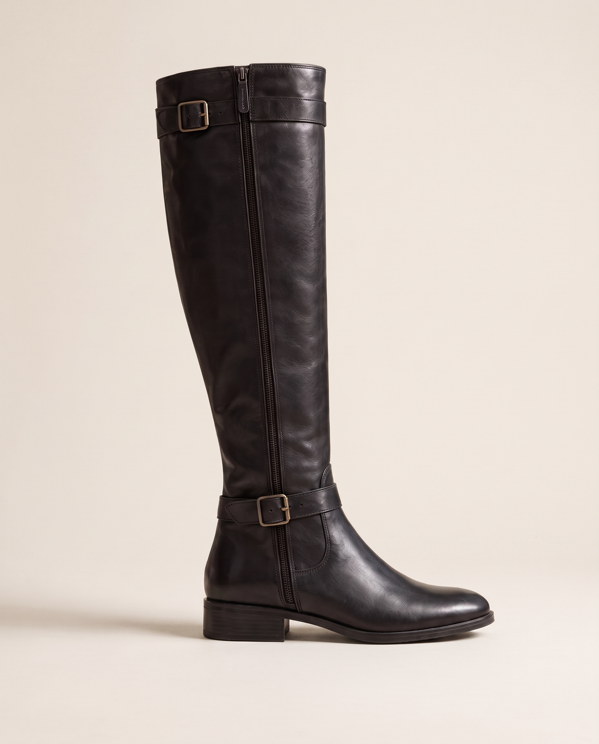 Knee-High Riding Boots with Buckle Straps and Low Block Heel — single boot, side view