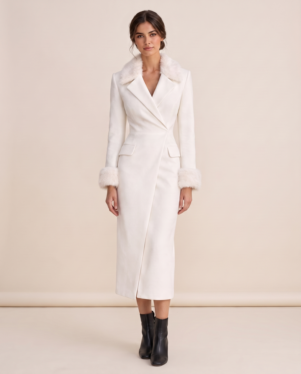 Zermatt Tailored Wrap-Front Faux Fur Trim Midi Dress — studio front