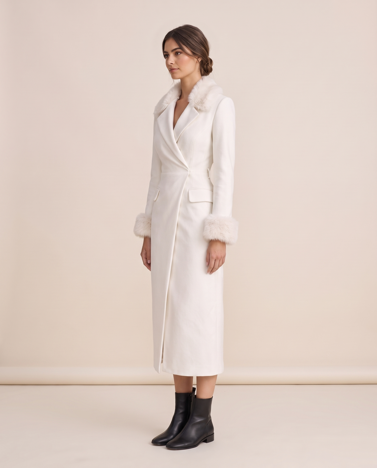 Zermatt Tailored Wrap-Front Faux Fur Trim Midi Dress — three-quarter view