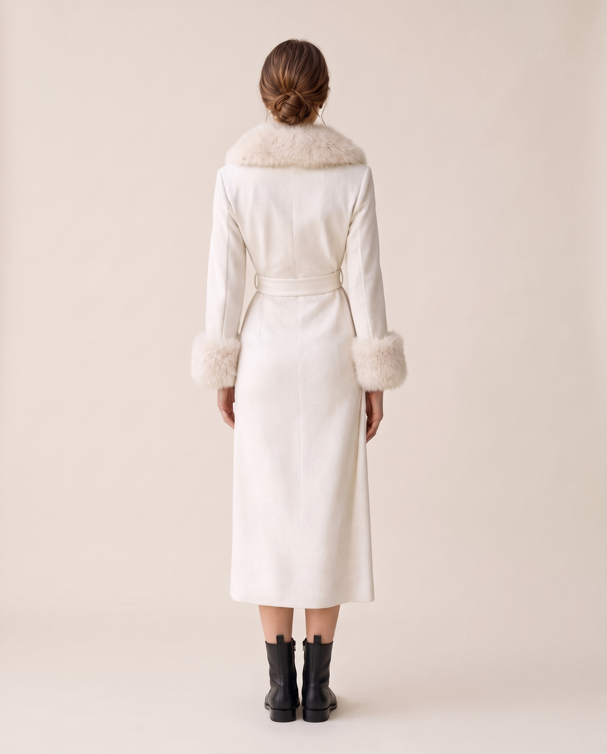 Zermatt Tailored Wrap-Front Faux Fur Trim Midi Dress — studio back