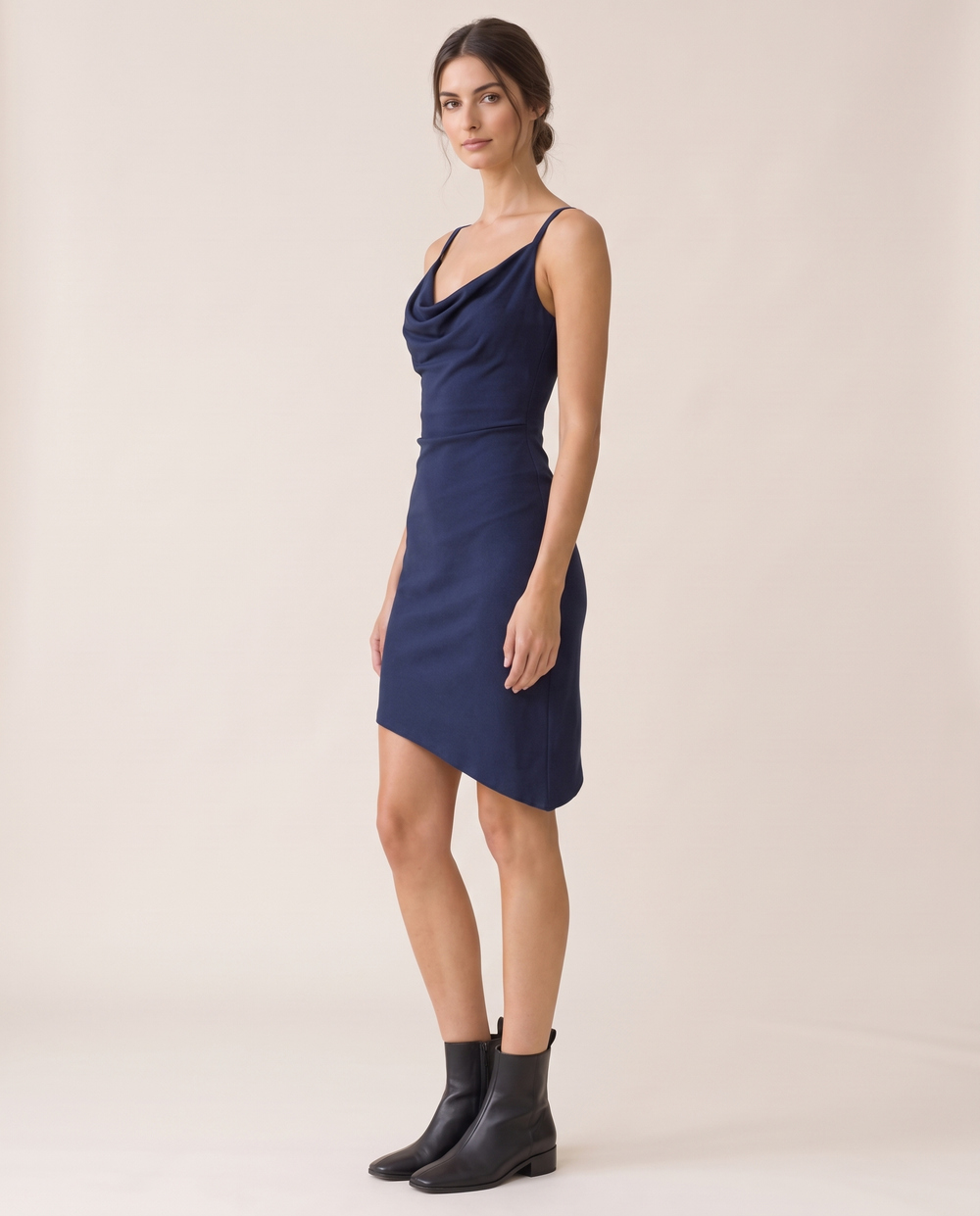Berkshire Sleek Draped Cowl-Neck Cocktail Dress — three-quarter view