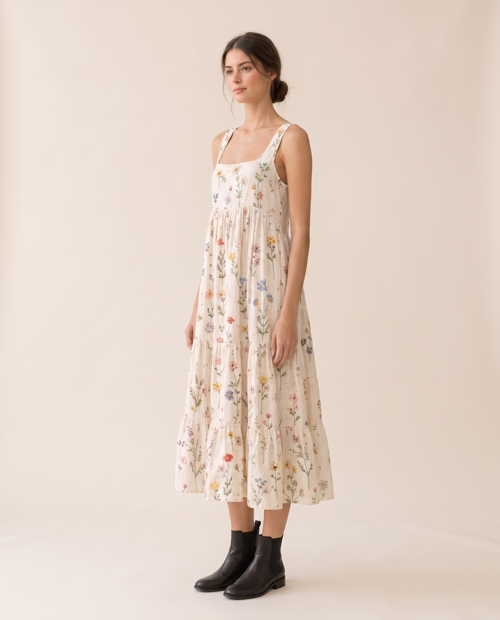 Sitka Relaxed Wildflower-Embroidered Tiered Midi Dress — three-quarter view
